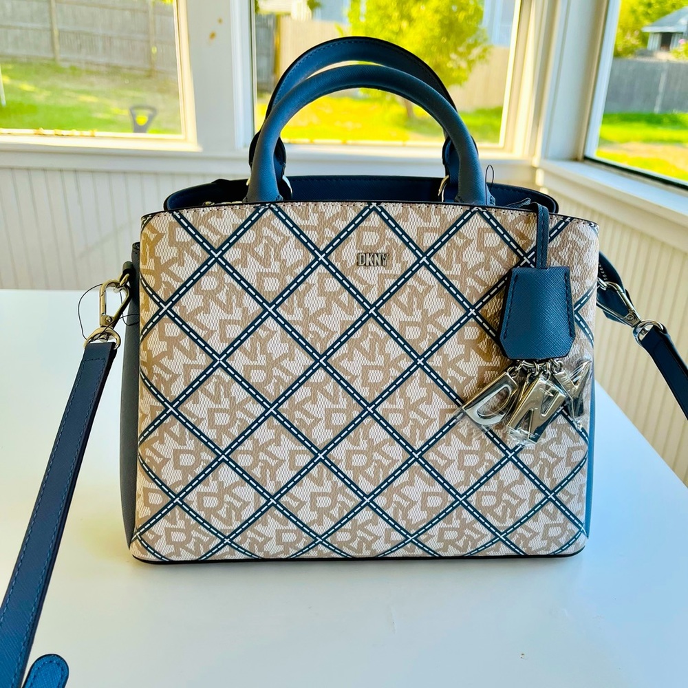 DKNY Women's Blue-White-Tan Paige Medium Satchel Monogram Logo Bag NWT
